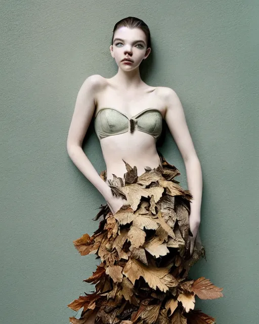 Prompt: anya taylor - joy wearing a risque outfit made from leaves, half body portrait, greg kutkowski, sharp details, soft lighting, subsurface scattering, pearls of sweat, glistening skin, warm lighting