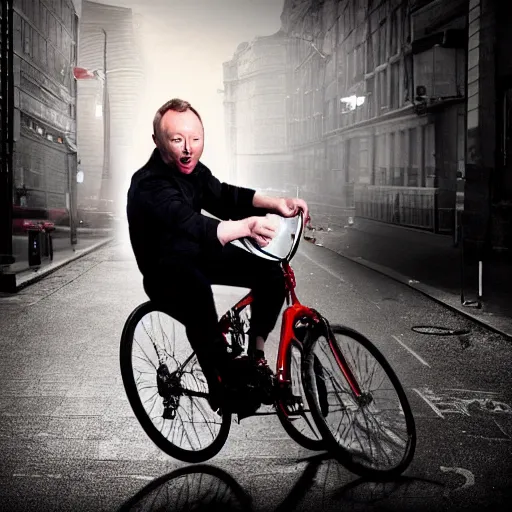 Prompt: Limmy in a bike crash falling of his bike, blood, Glasgow, photorealistic