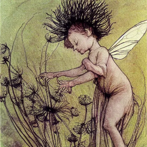 Image similar to a beautiful fairytale painting of a dandelion seed that is also a fluffy fairy. the dandelion seed is the body of the fairy. beautiful clear painting by arthur rackham