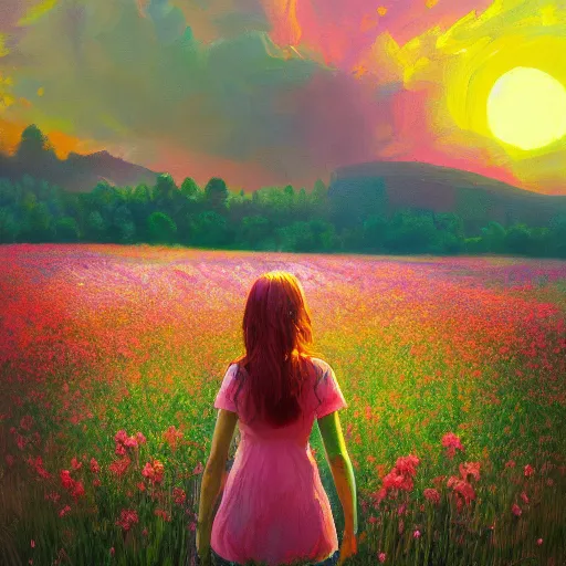 Prompt: girl with a flower face, surreal portrait, bizzare, dreamlike, standing in flower field, in a valley, sunrise dramatic light, impressionist painting, colorful clouds, artstation, simon stalenhag