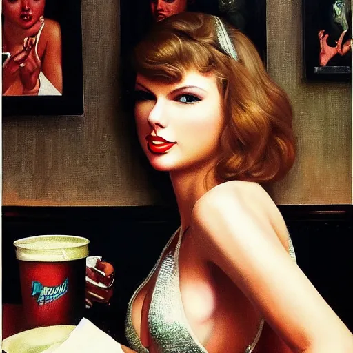 Prompt: sexy dj taylor swift at a diner, head and shoulders portrait provocatively, extremely detailed masterpiece, roger deakin ’ s cinematography, oil on canvas, norman rockwell.