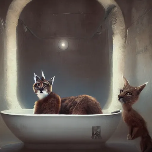 Image similar to fluffy cute caracal in a bathtub, fullbody, ultra high detailed, glowing lights, oil painting, Greg Rutkowski, Charlie Bowater, Beeple, unreal 5, DAZ, hyperrealistic, octane render, RPG portrait, dynamic lighting, fantasy art, beautiful face