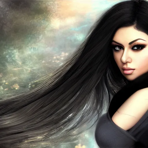 Image similar to portait haifa wehbe as duanmu rong, centred, very long hair, hd, unreal engine, art digital painting, amazing background theme