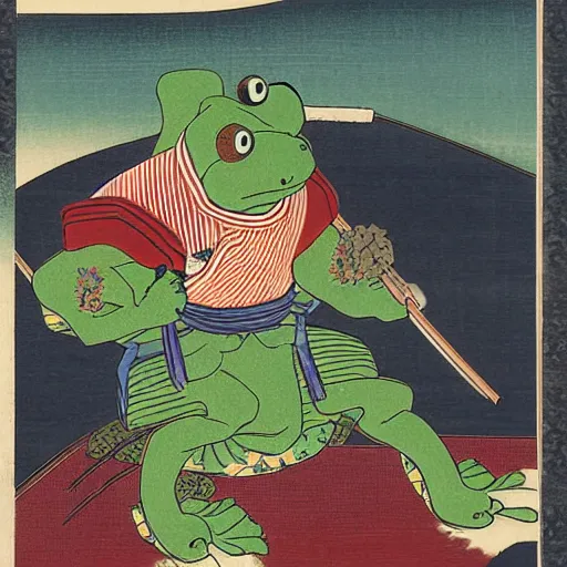 Image similar to Ukiyo-e of a samurai frog out walking his pet cat