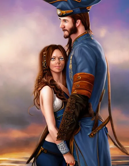 Image similar to couple in love. fully clothed armed female pirate captain, rachel wall, with a male pirate partner, sun, summer, blue eyes, beauty, wisdom, love, strength, knowledge, smart, portrait, symmetrical, highly detailed, digital painting, artstation, smooth, sharp focus, illustration, strength, latino art. 8 k