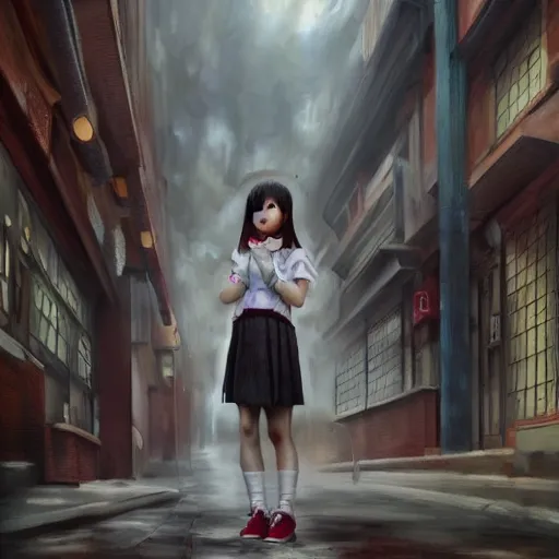 Image similar to a perfect, realistic professional oil painting of a Japanese schoolgirl posing in a dystopian alleyway, style of Marvel, full length, by a professional American senior artist on ArtStation, a high-quality hollywood-style concept