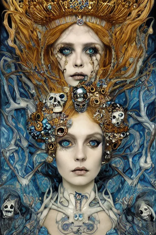 Prompt: The Princess of Bones by Karol Bak, Jean Deville, Gustav Klimt, and Vincent Van Gogh, portrait of a porcelain princess wearing a crown, porcelain ball-joint doll face with blue painted tattoos, pale blue eyes, hair made of shimmering ghosts, mystic eye, otherworldly, crown made of bones, ornate jeweled crown, skulls, fractal structures, arcane, inscribed runes, infernal relics, ornate gilded medieval icon, third eye, spirals