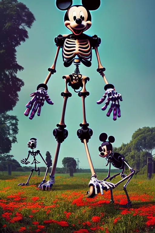 Prompt: a skeletal, mickey mouse made out of flowers and bones, walking with a robot, in the cyberpunk countryside by beeple, nychos and arcimboldo, highly detailed octane render