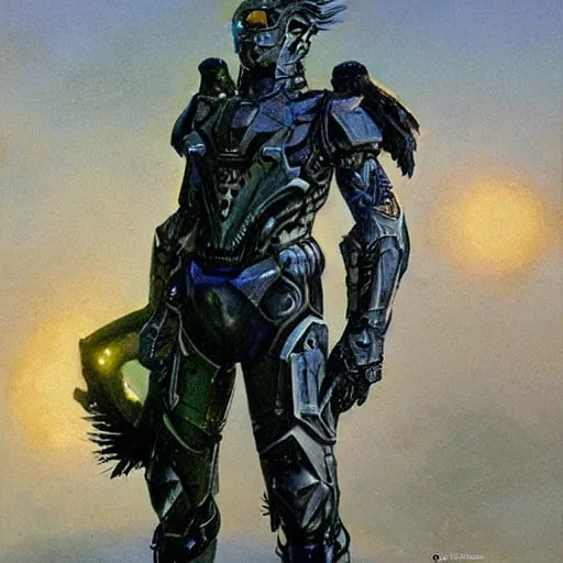 Prompt: fantasy halo 2 exoskeleton armor, stylized anthropomorphic raven with a visible beak. neon, science fiction, light, portrait by donato giancola and greg rutkowski and wayne barlow. 1 9 6 9