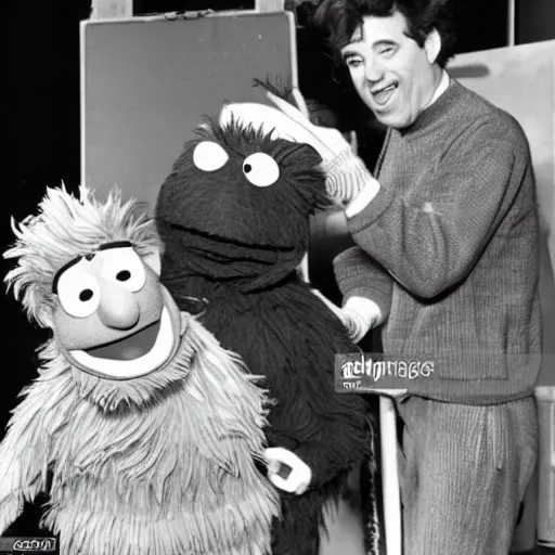 Image similar to bert and ernie playing with human puppets on the set of sesame street