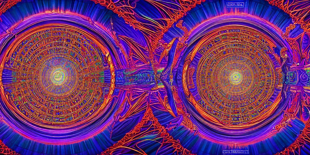 Prompt: cinematic view of the inside of a dmt cathedral filled with intricate and perfect patterns surrounded by infinite rooms, moebius, alex grey, oil on canvas, masterpiece, trending on artstation, featured on pixiv, cinematic composition, sharp, details, hyper - detailed, hd, hdr, 4 k, 8 k