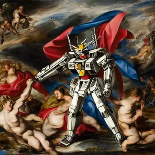 Image similar to peter paul rubens as consequences of wars with mecha gundam invited, random content position, delete duplicate content, photorealistic details content.