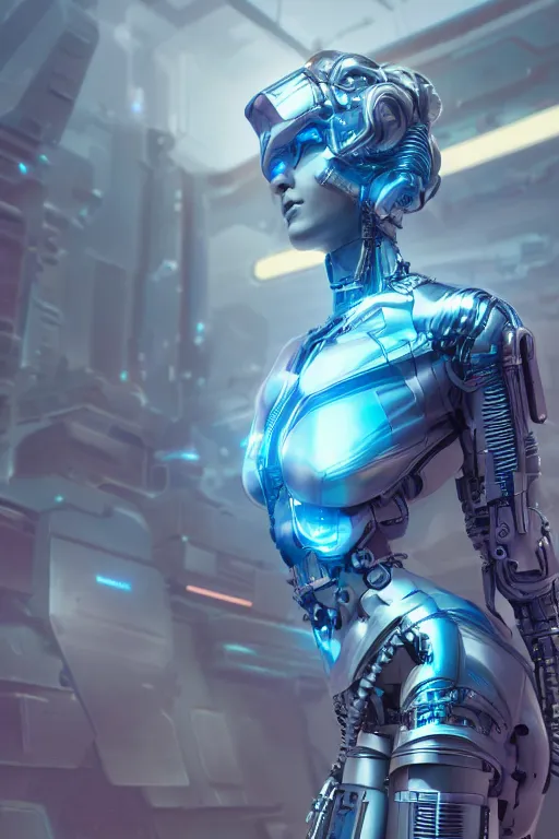 Image similar to detailed photorealistic matte painting of a woman wearing cybernetic power-armor by beeple and masamune shirow, trending on artstation, cgsociety, action, vivid colors,dynamic,4k HD