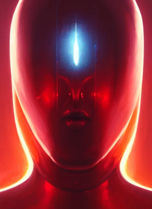 Image similar to symmetry!! portrait of a metallic being with a face with a glowing red light, complimentary colors, perfect lighting, perfect composition, aesthetic, masterpiece, award winning, artstation, darek zabrocki, greg rutkowski, artgerm, 4 k