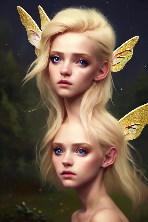 Image similar to cinematic shot of an epic portrait of a cute blonde fairy dressed in military clothes, stylised military clothes, shiny skin, beautiful eyes, beautiful, small details, night setting, realistic poster with volumetric light from craig mallism, artgerm, jeremy lipkin and michael garmash, unreal engine, radiant light, digital art, trends at art station, a masterpiece