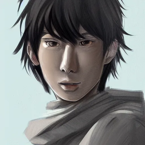 Image similar to Anime portrait of a man by Mahiro Maeda, he is about 30 years old, short black hair with bangs, his features are a mix between French, Turkish and Russian and he is wearing a beige and black utility jumpsuit, highly detailed portrait, digital painting, artstation, concept art, smooth, sharp foccus ilustration, Artstation HQ