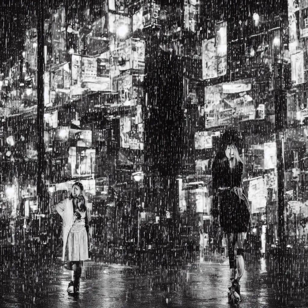 Image similar to night flash portrait photography of a high school girl in uniform on the lower east side by annie leibovitz, colorful, nighttime!, raining!