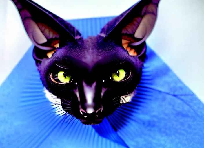 Image similar to a blue - and - black male catbat fursona with blue / green heterochromatic eyes ( differently - colored eyes, one eye green, one eye blue ) and huge bat ears, photo of the catbat streaming on his computer