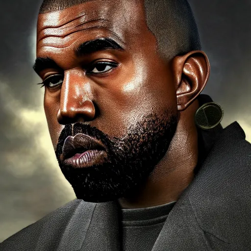 Image similar to kanye west in morrowind, splash art, movie still, detailed face, photorealistic facial features, cinematic lighting, dramatic, octane render, long lens, shallow depth of field, bokeh, anamorphic lens flare, 8 k, hyper detailed, 3 5 mm film grain