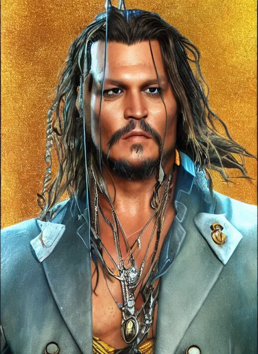 Image similar to johnny depp as aquaman, naturel, hyper detailed, digital art, trending in artstation, cinematic lighting, studio quality, smooth render, unreal engine 5 rendered, octane rendered, art style by klimt and nixeu and ian sprigger and wlop and krenz cushart