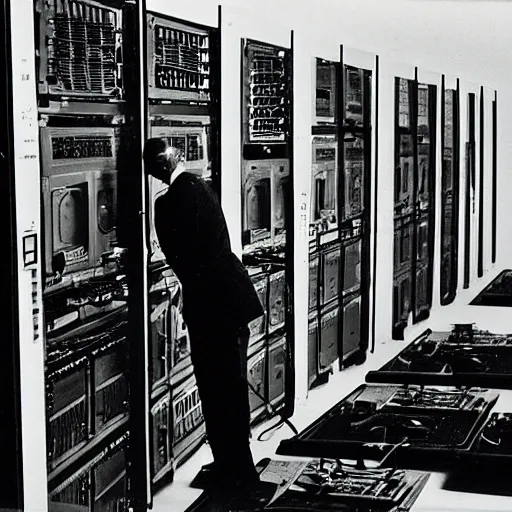 Image similar to underexposed photo of Marcel Duchamp in a machine room full of ancient computers, tri-x, Irving Penn, Jeff Wall, archival pigment print, contemporary art