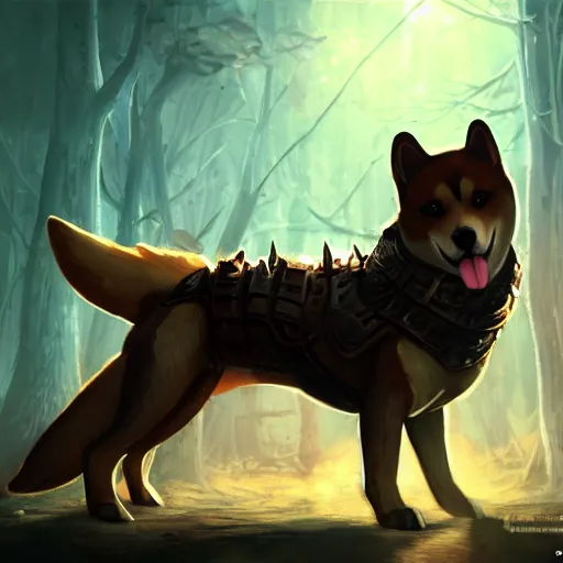 Image similar to shiba inu Dog, battle armour, Anthropomorphized, casting epic spell, magic the gathering artwork, D&D, fantasy, cinematic lighting, centered, symmetrical, highly detailed, digital painting, artstation, concept art, smooth, sharp focus, illustration, volumetric lighting, epic Composition, 8k, art by Akihiko Yoshida and Greg Rutkowski and Craig Mullins, heroic pose, oil painting, cgsociety, magic lab background