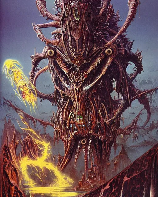 Prompt: biomechanical warhammer final boss creature vecna, art by bruce pennington