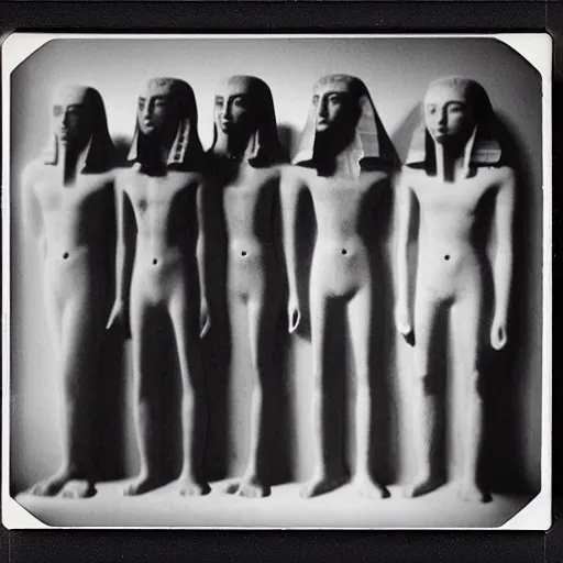 Image similar to Polaroid photo of fragmented Egyptian sculpture of the Beatles