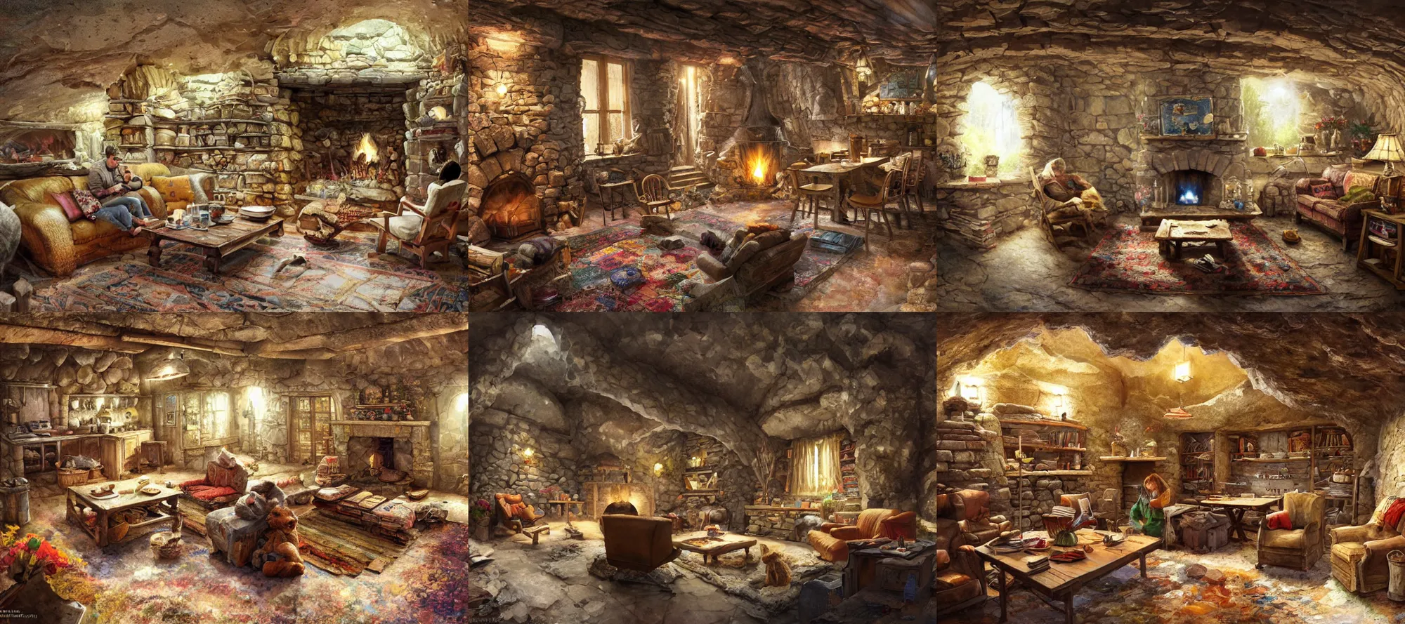 Prompt: a sweet home in an deep underground cave, rock walls, kitchen table, stove, fridge, armchairs, cosy fireplace, books on side table, no windows, colourful rug on floor by fireplace, pictures of family on wall, ,craig mullins, james gurney, detailed watercolour, texture, highly detailed, movie scene, illustrative, 4k