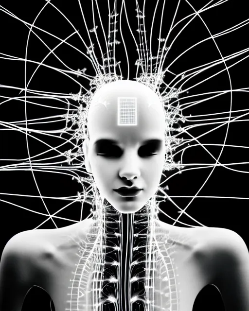 Image similar to black and white connected cyborg - plant goddess high quality photo, microchip, artificial intelligence, bio - mechanical bio - luminescence, black wired cables, neurons, nerve cells, cinematic, rim light, photo - realistic, elegant, high detail, 8 k, masterpiece, high fashion, in the style of man ray