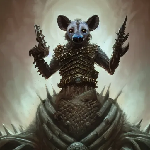 Prompt: Hyena, Anthropomorphized, as warlord general on skull throne, magic the gathering artwork, D&D, fantasy, cinematic lighting, centered, symmetrical, highly detailed, digital painting, artstation, concept art, smooth, sharp focus, illustration, volumetric lighting, epic Composition, 8k, art by Akihiko Yoshida and Greg Rutkowski and Craig Mullins, heroic pose, oil painting, cgsociety, Battlefield background, explosions, arrows