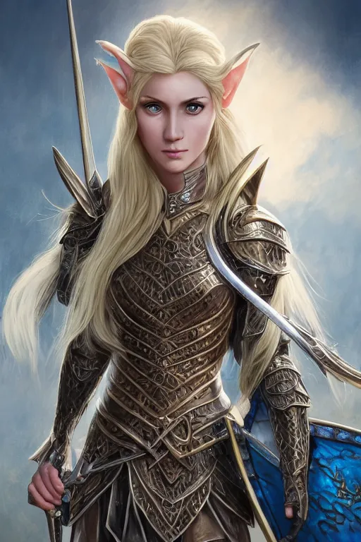 Image similar to highly detailed full body portrait painting of a proud young female elven knight in the style of Warhammer Fantasy by Artgerm and Arian Mark, medium length blonde hair, blue eyes, sapphire earrings, no helmet, low angle shot, highly detailed, trending on artstation, cgsociety, 4k, 8k, HDR, octane render, unreal engine