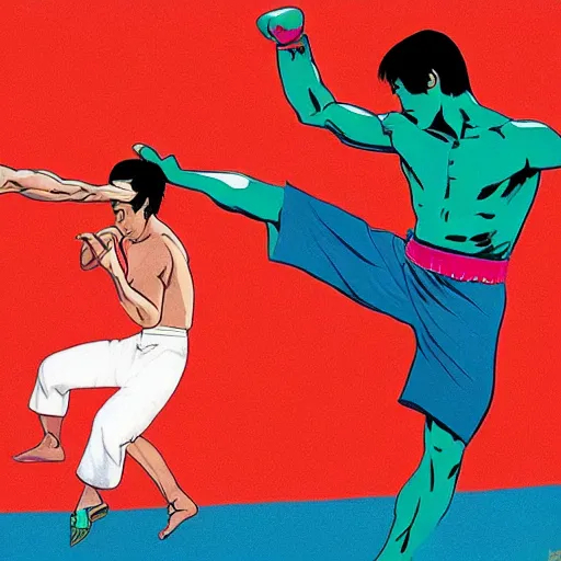 Prompt: Bruce Lee fighting Mike Tyson , way of dragon movie set, Rome, comic book cover, titled game of death , colour palette with pink and turquoise, vibrant colour, traditional Chinese borders with Chinese characters 小龍泰臣大決鬥