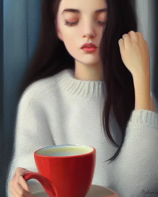 Prompt: a dreamy painting of a pretty french girl with dark hair, wearing an oversized sweater, cuddled up by a windowsill making eye contact with the viewer, holding a mug of hot tea covering her lower face. In the style of ilya kuvshinov, elegant, highly detailed, photorealistic, digital painting, bokeh, HDR, high resolution, artstation, concept art, smooth