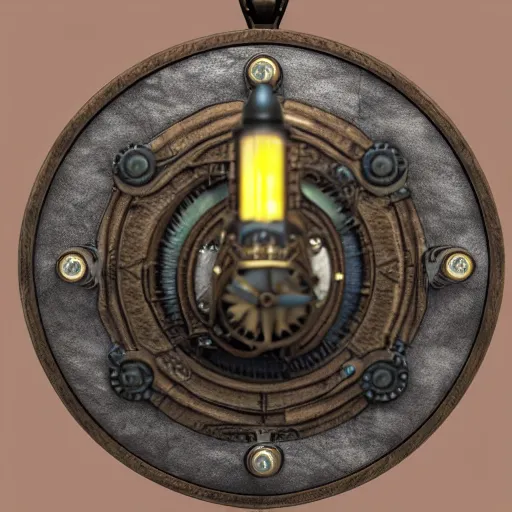 Image similar to steampunk amulet with diamond jewel and small steam tubes, volumetric lightning, octane render, realistic fog, extremely high detailed