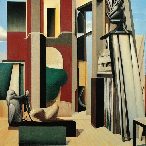 Prompt: a painting by giorgio de chirico and tadao ando of an abstract maximalist sculpture by the caretaker