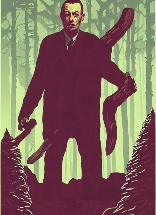 Image similar to Twin Peaks poster artwork by Michael Whelan, by Bob Larkin and Tomer Hanuka, Karol Bak of portrait of Joe Rogan the local lumberjack, from scene from Twin Peaks, clean, simple illustration, nostalgic, domestic