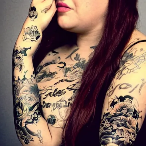 Image similar to fat girl, long hair, tattooed, photo