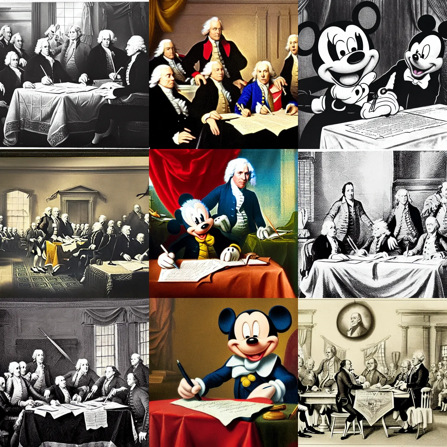 Prompt: photograph of mickey mouse signing the declaration of independence ( 1 7 7 6 )