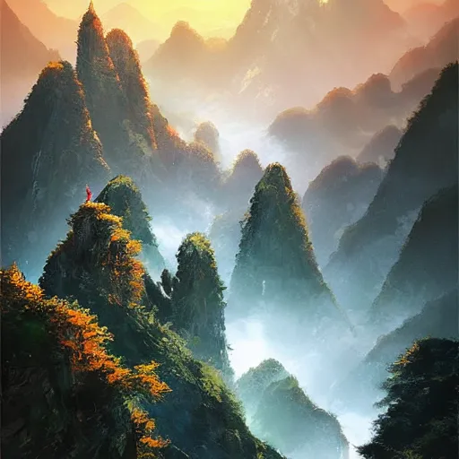 Image similar to tianzi shan mountain peak, by anato finnstark, by alena aenami, by john harris, by ross tran, by wlop, by andreas rocha