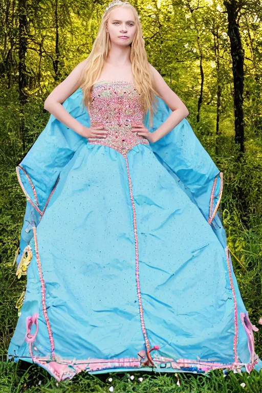 Image similar to a princess with long blonde hair and light blue eyes wearing a strapless elaborately beaded pink dress standing next to a green popup camping tent, high resolution film still, 8k, HDR color, film by Simon Langton and David Frankel, triangular face, very light freckles, round narrow chin, straight jawline, natural lips, high cheekbones, beautiful gazing eyes, green outdoor camping tent, pink tiara
