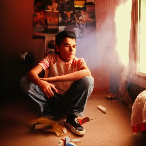 Image similar to masterpiece portrait of a photogenic cinegenic mexican teenager, chaotic teenage bedroom, bokeh, sunny day, heat haze, perfect framing, smoke, dust particles, interior shot, f2, anamorphic lens, great photographers, best photos of all times, 2004