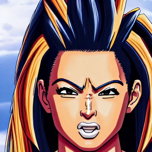 Image similar to ultra realistic portrait painting of kim kardashian as super saiyan, art by akira toriyama, 4 k, dragon ball artstyle, cel shaded, highly detailed, epic lighting