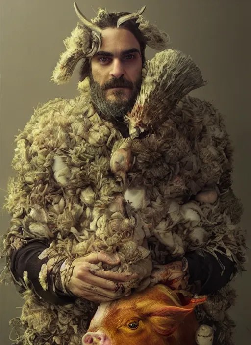 Image similar to a hyper detailed painting of joaquin phoenix surrounded by animals, cow horns, pig nose, sheep wool, chicken feather armor, horror, by anna podedworna, by miklos ligeti, by diego maricato, by taran fiddler, by antonino truisi, by chris reddie, by jinsung lim, trending on artstation