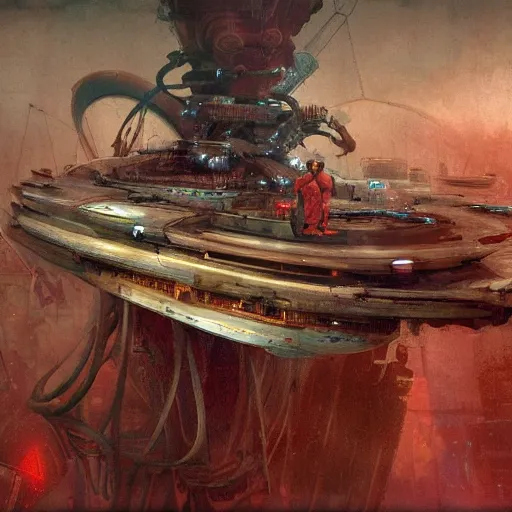 Image similar to red 🧥♀ on a biopunk ship, by jon foster