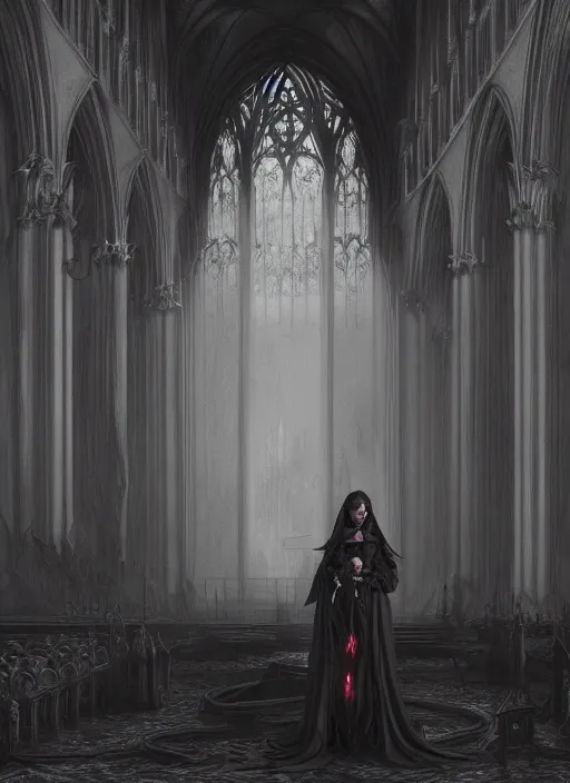 Prompt: ellen page as vampira in a gothic cathedral witching hour, cinematic, heavenly, volumetric light highly detailed, digital painting, artstation, concept art, smooth, sharp focus, epic illustration, unreal engine 5, 8 k illustration by bouguereau and greg rutkowski and edgar maxence