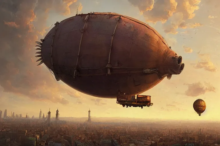 Image similar to a PIG HEAD, pig-blimp, steampunk, digital art, extremely detailed, flying over a city, greg rutkowski, cinematic