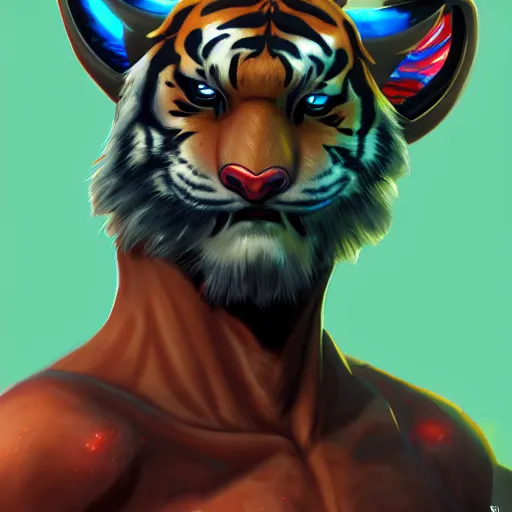 Image similar to exophilia, handsome, tiger alien race, arcana, godlike, harmony artstation