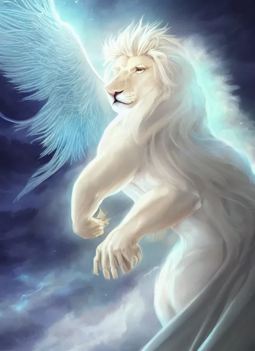 Image similar to aesthetic, religious fantasy portrait commission of an albino male furry anthro lion with giant feathery glowing angel wings flying in the heavenly cloudy sky wearing a silky white transparent cloak blowing in the wind, Atmospheric . Character design by charlie bowater, ross tran, artgerm, and makoto shinkai, detailed, inked, western comic book art, 2021 award winning film poster painting