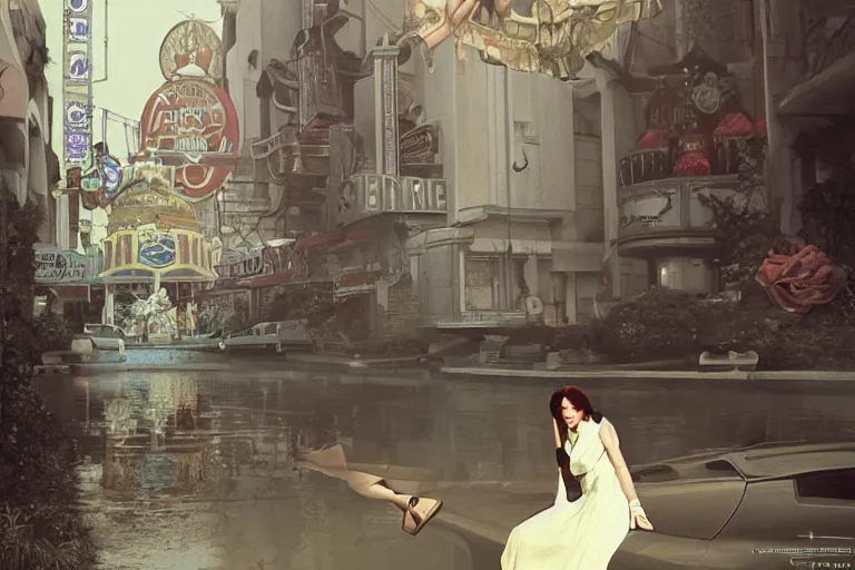 Image similar to photography of gregory crewdson, 1 9 7 6 portrait of a woman floating in the air, background is a vegas street scene, deep focus, intricate, elegant, highly detailed, artstation, concept art, matte, sharp focus, art by artgerm and greg rutkowski and alphonse mucha